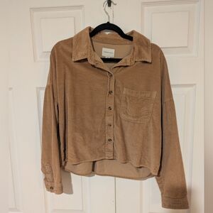 American Eagle Tan Corduroy Cropped Button-Up Shirt